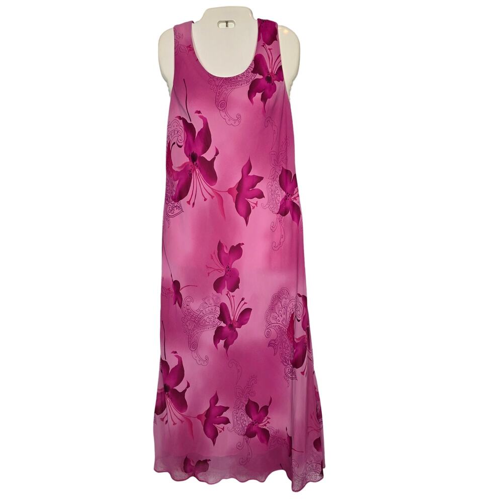 Studio I NWT Magenta Lily Floral Sheer Chiffon Lettuce Hem Maxi Dress Size 12